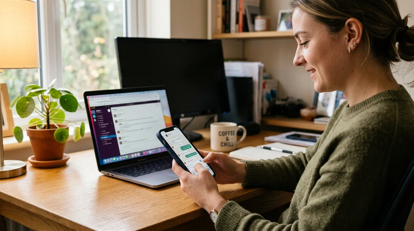 Person checking chat app safety on smartphone at desk