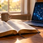 Open Bible next to a laptop symbolizing the question is AI the antichrist