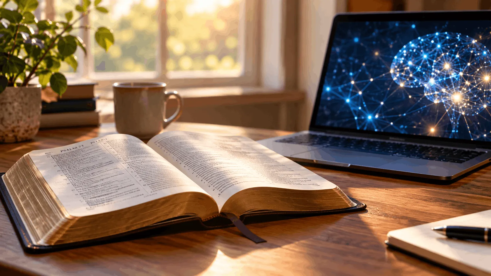 Open Bible next to a laptop symbolizing the question is AI the antichrist