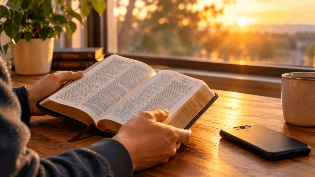 Hands holding a Bible beside a phone representing how Christians should think about ai is the antichrist fears