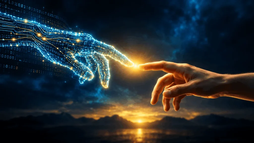 Digital hand reaching toward human hand illustrating fears that ai is the antichrist
