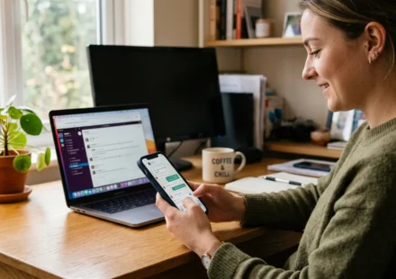 Person checking chat app safety on smartphone at desk