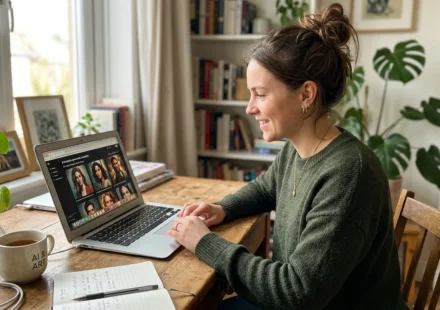 person reviewing how to create AI images of yourself on a laptop