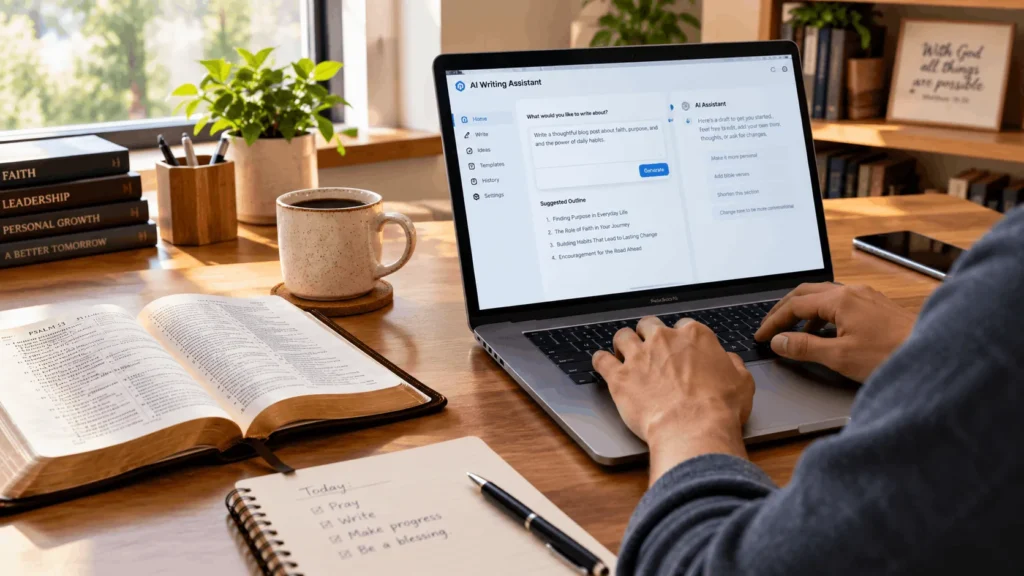 Person using AI on a laptop beside an open Bible showing how Christians should use ai and not treat it as the antichrist