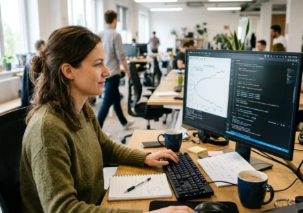 How does artificial intelligence work, shown by an engineer reviewing a model training dashboard