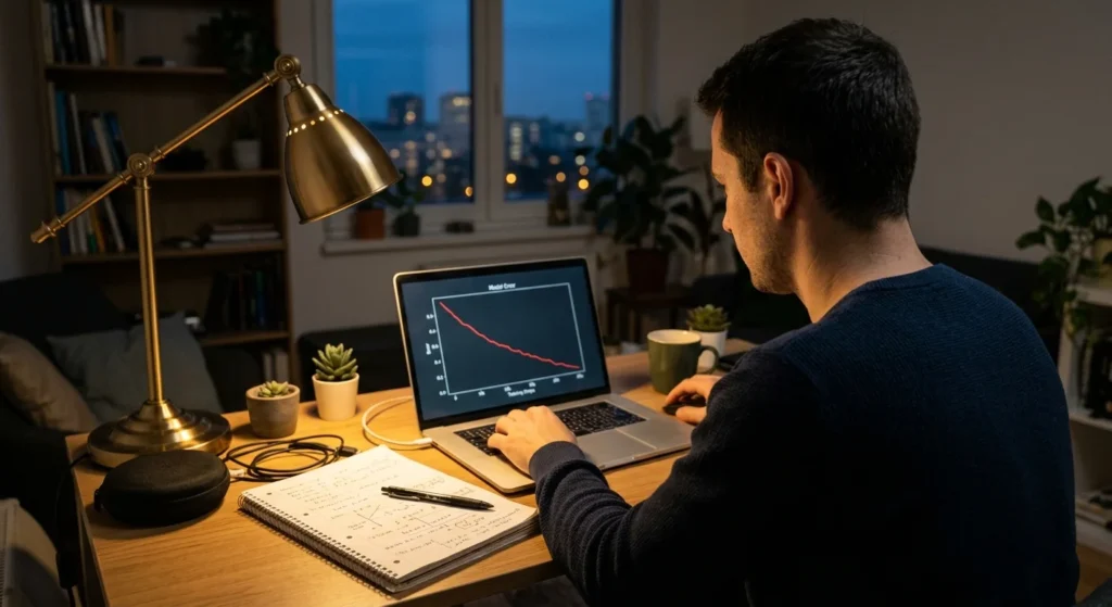 How does artificial intelligence work during training, shown by an error curve falling on a laptop