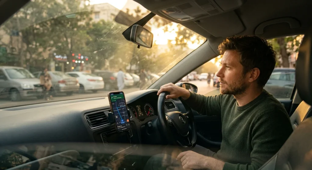 How does artificial intelligence work in everyday apps, shown by a driver using a navigation map